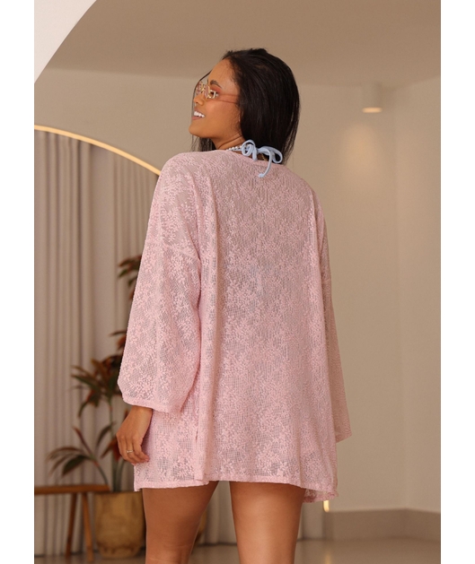 SAÍDA DE PRAIA CONJUNTO KIMONO COM SHORT NA RENDA ROSA COLEÇÃO ÁGUA VIVA