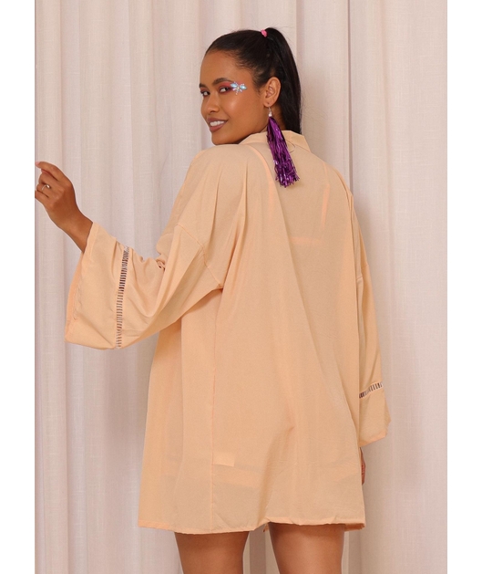 SAÍDA DE PRAIA CONJUNTO KIMONO COM SHORT LARANJA CLARO COLEÇÃO FOLIA