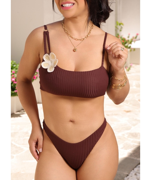 BIQUÍNI TOP FLOR CALCINHA ASA DELTA MARROM COLEÇÃO BEACH GLAM