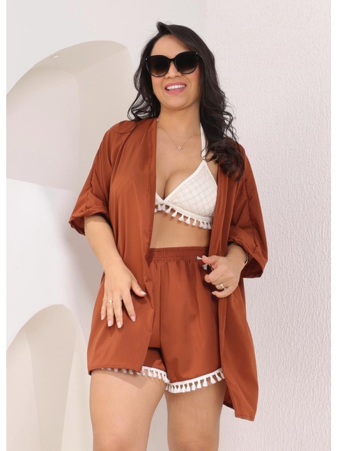 SAÍDA DE PRAIA KIMONO COM SHORT DE FRANJA MARROM COLEÇÃO BÚZIOS SA2468