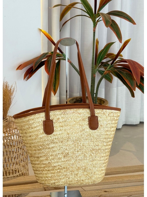 BOLSA ESTRUTURA EM PALHA NATURAL COM ALÇAS MARROM