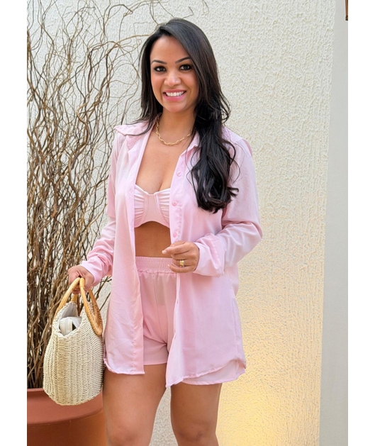 SAÍDA DE PRAIA CONJUNTO CAMISA E SHORT ROSA COLEÇÃO CANDY COLOR