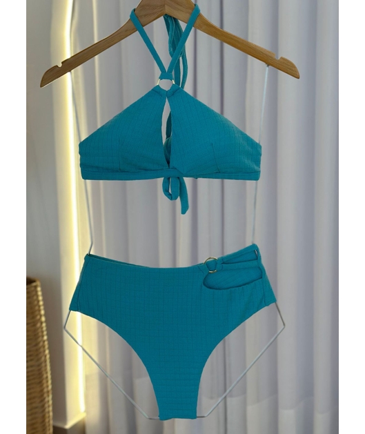 BIQUÍNI TOP FRENTE ÚNICA CALCINHA ALTA AZUL COLEÇÃO MARÉ FASHION