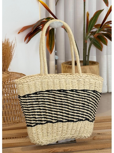 BOLSA DE PALHA MEDIA OFF WHITE COM LISTRAS PRETA