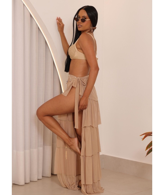 SAÍDA DE PRAIA NO TULE SAIA BABADO CONCHAS NUDE COLEÇÃO FESTEJAR CM01