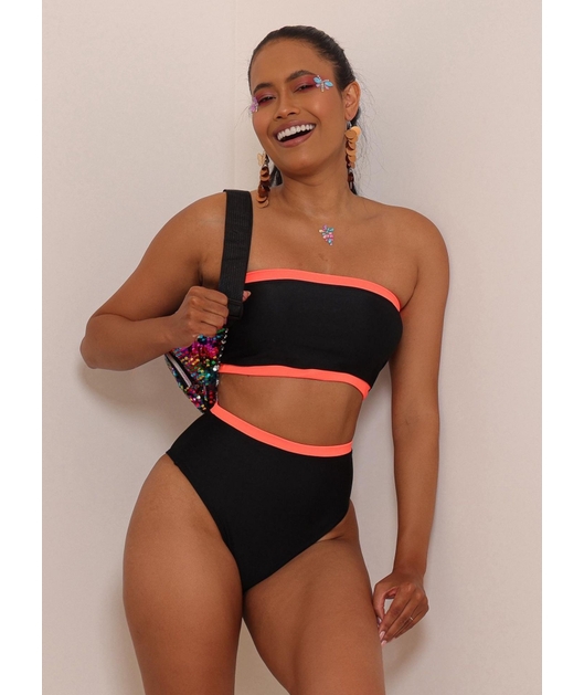BIQUÍNI TOP FAIXA CALCINHA HOT PANTS PRETO COM LARANJA NEON COLEÇÃO ESQUENTA FOLIA