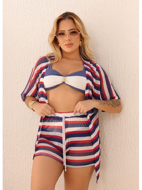 SAÍDA DE PRAIA KIMONO COM SHORT NO TULE LISTRAS COLEÇÃO NÁUTICA